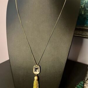 J Crew Jewelry Gold Tone Square Crystal Pendant Necklace with Tassel